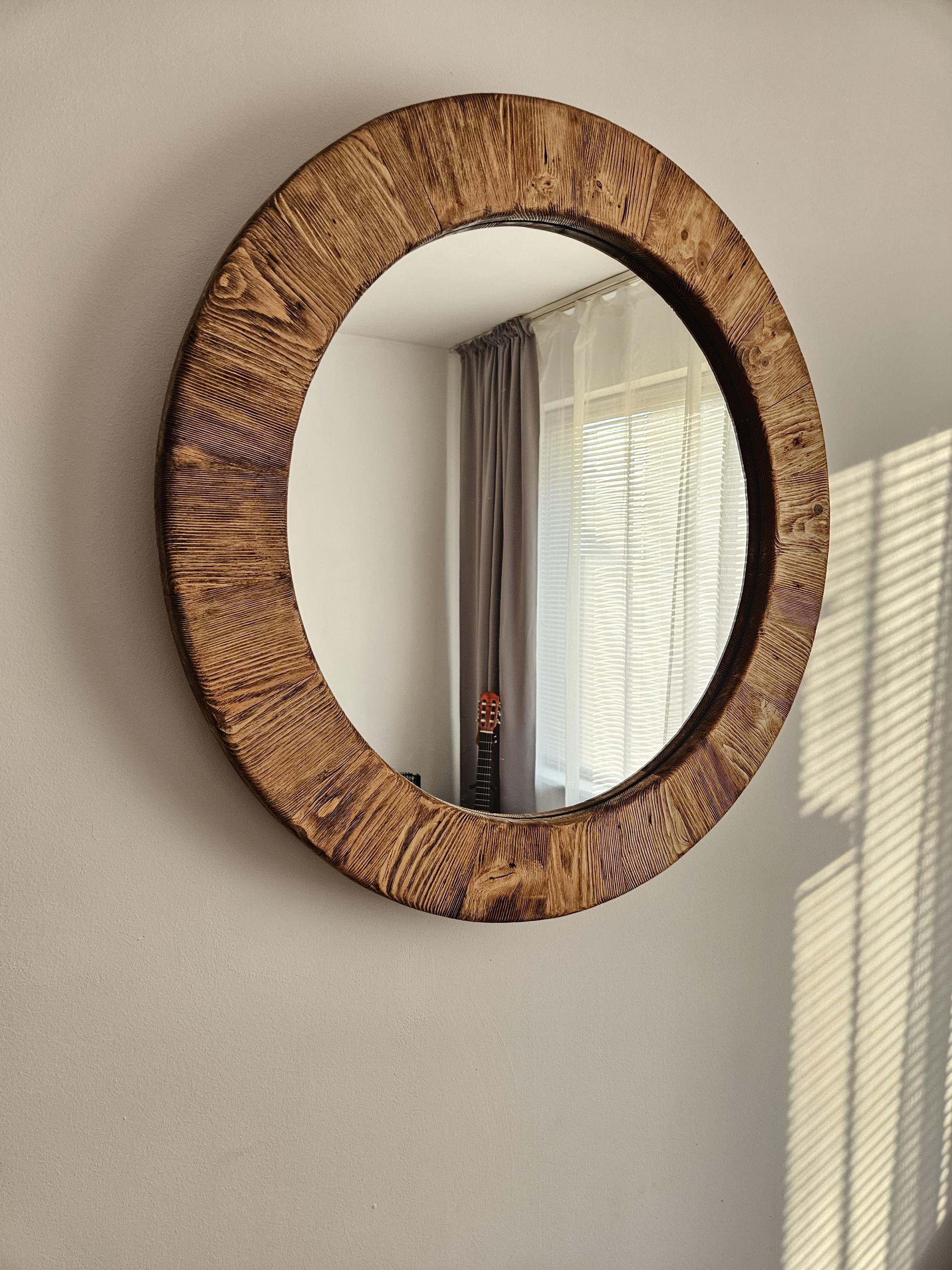 Round wooden mirror, Wall Antique Mirror, Natural wooden mirror