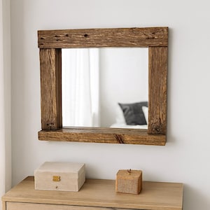 Reclaimed Wood Beam Mirror with Shelf, Rustic Farmhouse Entryway Wall Decor image 1