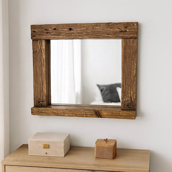 Rustic Wood Beam Mirror with Shelf, Floating Ledge Mirror for Entryway, Farmhouse Wall Decor, Reclaimed Wood Mirror for Hallway or Bedroom