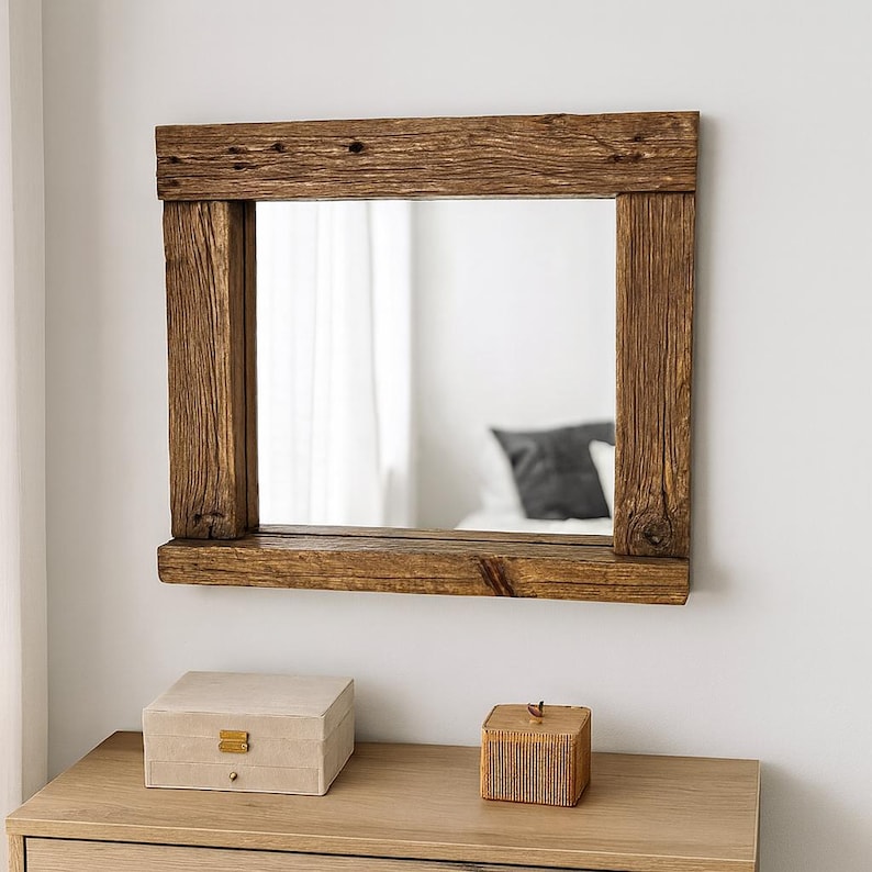 Reclaimed Wood Beam Mirror with Shelf, Rustic Farmhouse Entryway Wall Decor image 1