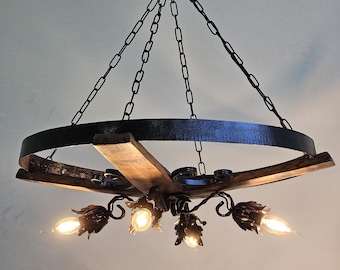 Oak Barrel Pendant Light, Chandelier with Wrought Iron Details, Rustic Chandelier
