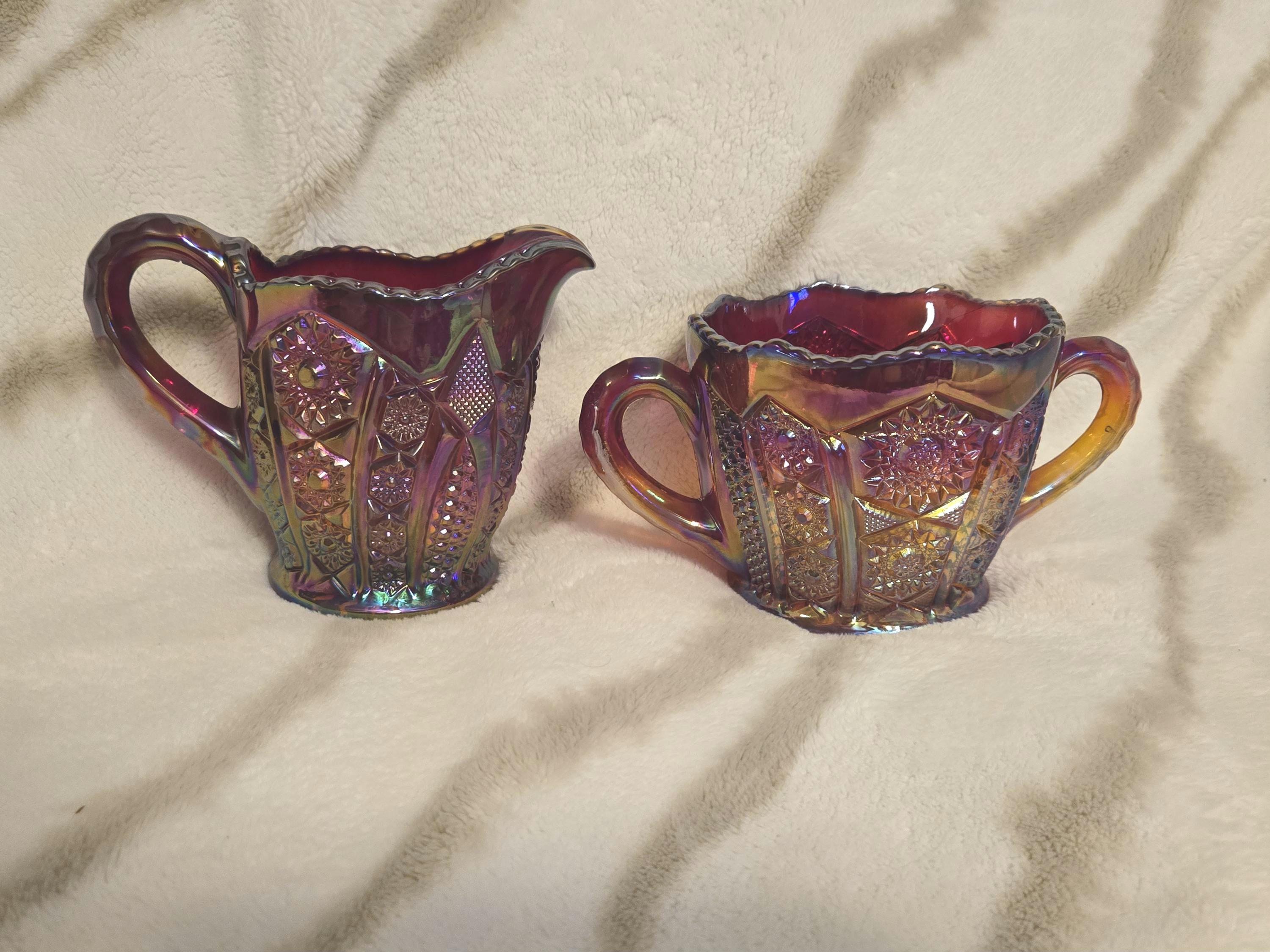 Vintage Indiana Karneval Glas Heirloom Sunset Milchkännchen und offener Zucker Set.