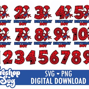 Puede incluir: Una colección de números de cumpleaños rojos y azules con temática de Spider-Man, del 1 al 10, con las palabras "BIRTHDAY BOY" debajo. La imagen también incluye los números del 1 al 9 en un estilo similar, y el texto "Cereshop SVG PNG DIGITAL DOWNLOAD".