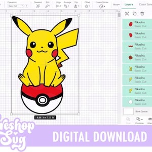 May include: A digital download graphic featuring Pikachu, a yellow cartoon character, sitting on a red and white Pok&eacute; Ball. The image is labeled with the text "DIGITAL DOWNLOAD" and measures 4.88 x 7.12 inches.