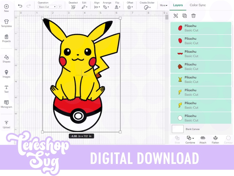 May include: A digital download graphic featuring Pikachu, a yellow cartoon character, sitting on a red and white Pok&eacute; Ball. The image is labeled with the text "DIGITAL DOWNLOAD" and measures 4.88 x 7.12 inches.