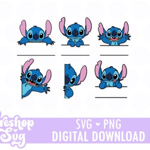 Puede incluir: Descarga digital con seis gráficos del personaje Stitch azul con orejas rosas, cada uno en una pose diferente. Los gráficos están dispuestos en dos filas, con una línea horizontal debajo de cada imagen. La parte inferior de la imagen incluye el texto "SVG PNG DESCARGA DIGITAL".