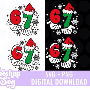 Puede incluir: Un diseño digital con los números 6 y 7 en rojo y verde, sostenidos por manos de dibujos animados. Los números llevan gorros de Papá Noel y están rodeados de copos de nieve. Disponible como descarga digital SVG y PNG.