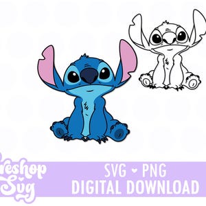 Puede incluir: Dos ilustraciones del personaje Stitch de Lilo & Stitch. Una es una imagen a color de Stitch en azul con orejas rosas, y la otra es un contorno en blanco y negro. La imagen incluye el texto "SVG + PNG DIGITAL DOWNLOAD".