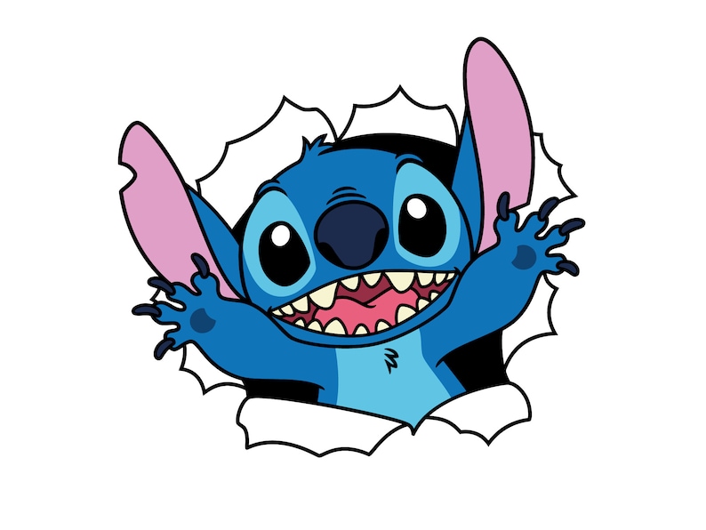 May include: A blue cartoon character with large eyes and a wide grin is peeking out of a torn piece of paper. The character has pink ears and three fingers on each hand.