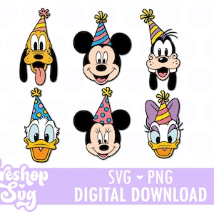 May include: A digital graphic set featuring six cartoon character heads wearing colorful party hats. The characters include Pluto, Mickey Mouse, Goofy, Donald Duck, Minnie Mouse, and Daisy Duck. Each character is depicted with a smiling expression.