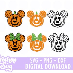 May include: A digital collection of six pumpkin graphics featuring mouse-ear shapes, including three with bows and three without, in orange, green, and black-and-white outlines. The text reads Tereshop SVG, SVG, PNG, DXF, DIGITAL DOWNLOAD.