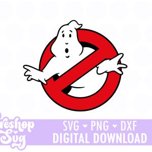 May include: A white cartoon ghost with an open mouth and outstretched arms is inside a red circle with a red slash through it. The image is a digital download with the text "SVG PNG DXF DIGITAL DOWNLOAD".