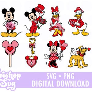 Może przedstawiać: Cyfrowa kolekcja ilustracji walentynkowych przedstawiająca Myszkę Miki, Myszkę Minnie, Kaczora Donalda, Daisy i Pluto. Zawiera lizaka w kształcie serca, złoty klucz, kłódkę w kształcie serca oraz tekst Tereshop Svg SVG PNG.