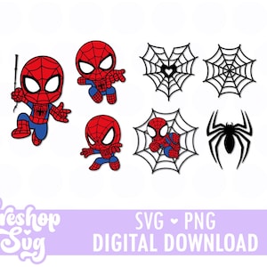 May include: A digital collection of graphics featuring three chibi-style characters in red and blue suits, three black spider web designs, and one black spider silhouette. The text Tereshop Svg SVG PNG DIGITAL DOWNLOAD is visible at the bottom.