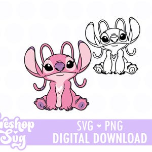 Puede incluir: Un gráfico de descarga digital con dos personajes de dibujos animados. Uno es rosa con contornos negros, el otro es un contorno en blanco y negro. La imagen incluye el texto "SVG PNG DESCARGA DIGITAL" en una pancarta morada.