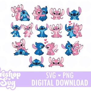 Puede incluir: Una colección de ilustraciones de dibujos animados con los personajes Stitch y Angel en varias poses. Los personajes están representados en tonos azules y rosas, con corazones y expresiones de afecto. La imagen incluye el texto "SVG + PNG DIGITAL DOWNLOAD".