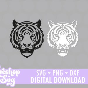 Puede incluir: Una descarga digital con dos diseños de cabeza de tigre. Uno es negro con rayas detalladas, el otro es blanco con un contorno similar. La imagen incluye el texto "Tereshop Svg" y "SVG • PNG • DXF DIGITAL DOWNLOAD".