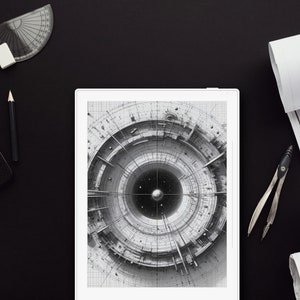 May include: A black and white illustration of a complex, circular structure with a central sphere. The illustration is displayed on a white e-reader, surrounded by drafting tools and blueprints.