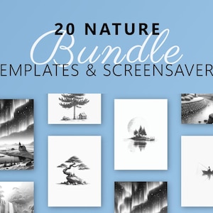 Puede incluir: Sobre un fondo azul claro, se muestra el texto "20 NATURE Bundle TEMPLATES & SCREENSAVERS". Debajo, imágenes en escala de grises de escenas de la naturaleza, incluyendo auroras boreales, árboles y un lago con luna llena.