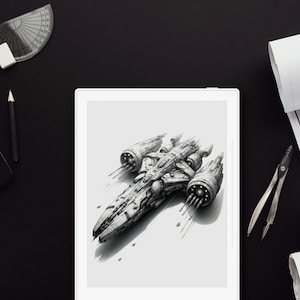Op de afbeelding: Een witte digitale tekentablet met een gedetailleerde potloodschets van een futuristisch ruimteschip op een witte achtergrond. De tablet ligt op een zwart oppervlak met een potlood, een geodriehoek, een gum, een passer en opgerolde blauwdrukken.