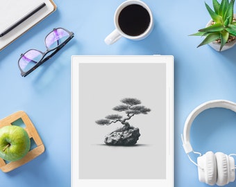 Elegant Bonsai Poised on a Solitary Rock | reMarkable 2 Sleep Screen, Supernote and BOOX Screensaver | (PNG and PDF)