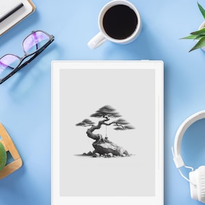 Ancient Wisdom Bonsai Screen Art, reMarkable 2 Sleep Screen, Supernote and BOOX Screensaver, Tranquil E-Ink Screensaver (PNG and PDF)