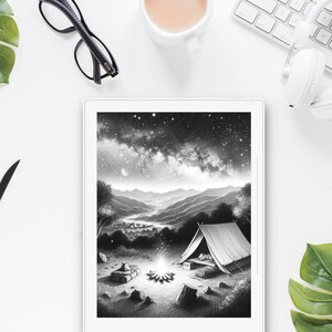 May include: A black and white illustration of a campsite with a tent, a campfire, and a starry night sky. The scene is set in a valley with mountains in the background.