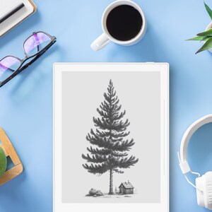 Majestic Pine, reMarkable 2 Sleep Screen, Supernote and BOOX Screensaver, Pine Solitude: A Serene Cabin&#39;s Reprieve (PNG and PDF)