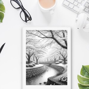 May include: A black and white digital drawing of a stream flowing through a forest. The stream is surrounded by trees and a stone wall. The drawing is on a white tablet.