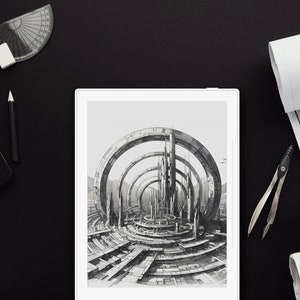 May include: A black and white image of a futuristic city with tall buildings and circular structures on a white e-reader.