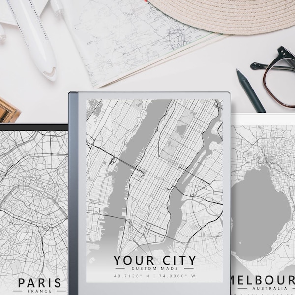 Personalized map of your city | reMarkable 2 Sleep Screen, Supernote and BOOX Screensaver | PNG and PDF