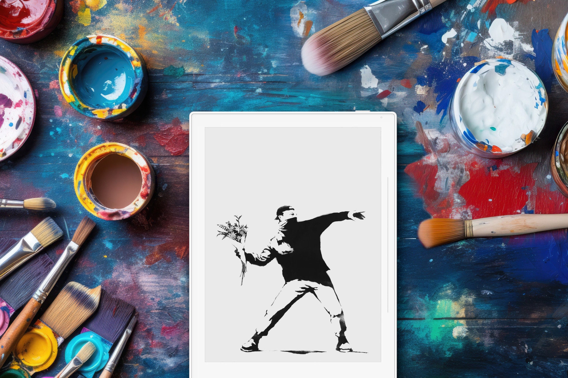 Banksy - The Flower Thrower | reMarkable 2 Sleep Screen, Supernote and BOOX Screensaver | (PNG and PDF)
