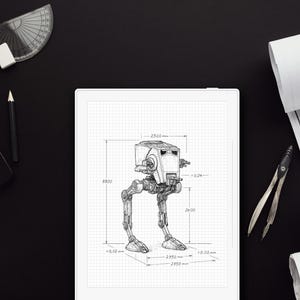 May include: A black and white technical drawing of an AT-ST walker from Star Wars, with measurements in millimeters, on a grid background. The image is on a tablet, surrounded by a laptop, drafting tools, and rolled blueprints on a black surface.
