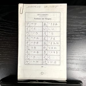 May include: A white paper sheet featuring a printed syllabary chart for Katakana and Hiragana characters. The document includes a table with columns for Japanese characters, a paper clip at the top left, and the handwritten text JAPANESE WRITING.