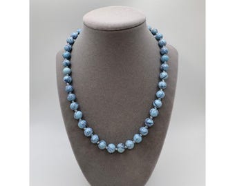 Blue Purple Marbled Glass Bead Necklace Pearlescent Hand Knotted Artisan 18”
