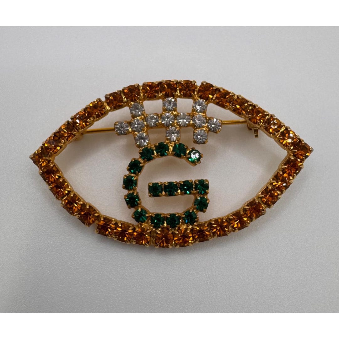 Packer Rhinestone Designs Vintage Green Bay Packers Rhinestone Football Brooch Gold Tone Unsigned ...