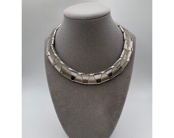 Vintage Silver Tone Panel Link Collar Necklace Chunky Modernist Bold