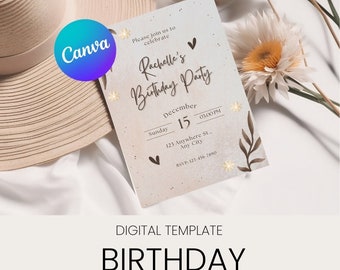 Birthday Invitation Card / Editable Printable Download / Minimalist Card / Invitation Card / Leaves Card / Brown / Vintage Card