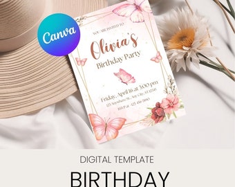 Birthday Invitation Card / Butterfly Card / Pink Invitation Card / Girly Card / Floral Card / Vintage Card /Editable Printable Download