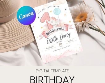 Birthday Invitation Card / Editable Printable Download / Party Card / Invitation Card / Elephant Card / Pink Flowers / Kids Card