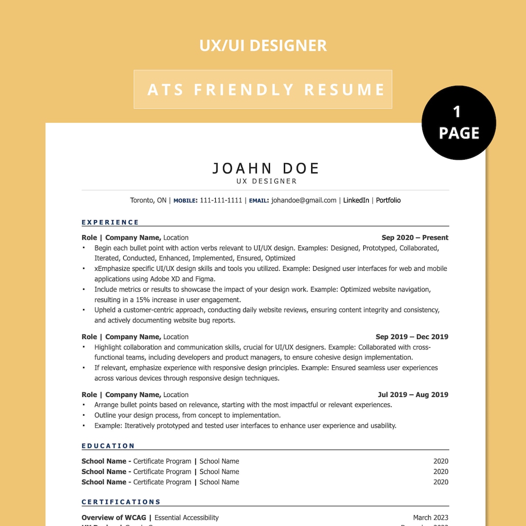 ATS Friendly Resume Template, UX Resume, UX Resume Template, Ux Design ...