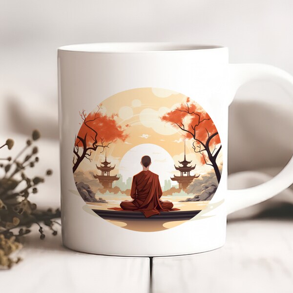 Meditating Monk Coffee Mug 11oz, Inner Enlightenment Mug, Gift for Yoga Lovers