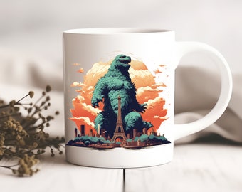 Godzilla in Paris Coffee Mug 11oz, Godzilla Kaiju Mug, Gifts for Him, King of the Monsters, Gojira Cup