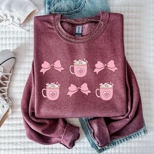 Valentine&#39;s Coffee Lover Sweatshirt, Cute Bow Coffee Graphic Shirt, Iced Coffee Lover Gift, Coffee Themed Valentine Gift, Gift for Her