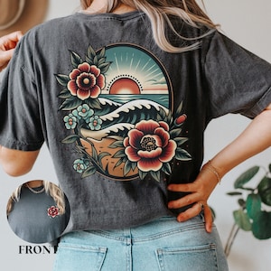 Tradycyjny kwiatowy T-shirt z motywem zachodu słońca na plaży, komfortowa koszulka na wakacje na plaży, prezent urodzinowy na dzień matki dla kobiet, koszulka dla miłośników plaży