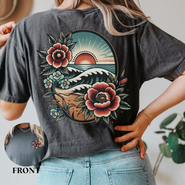 Traditional Floral Beach Sunset Tshirt, Comfort Colors Beach Vacation Shirt, Women's Mother's Day Birthday Gift for Her, Beach Lover Tee