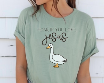 Camiseta divertida con la frase "Honk If You Love Jesus", camiseta con humor cristiano, camiseta con gráfico de meme de ganso, regalo cristiano, camiseta de fe, Jesús es mi salvador
