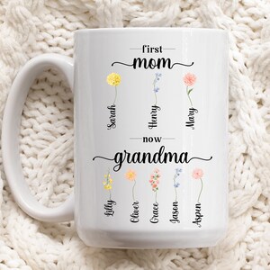 Personalisierte Omas Gartentasse, benutzerdefinierter Enkelname, Mama zu Oma Geschenk, Muttertagsgeschenk für Oma Geburtstag, Blumennamentasse