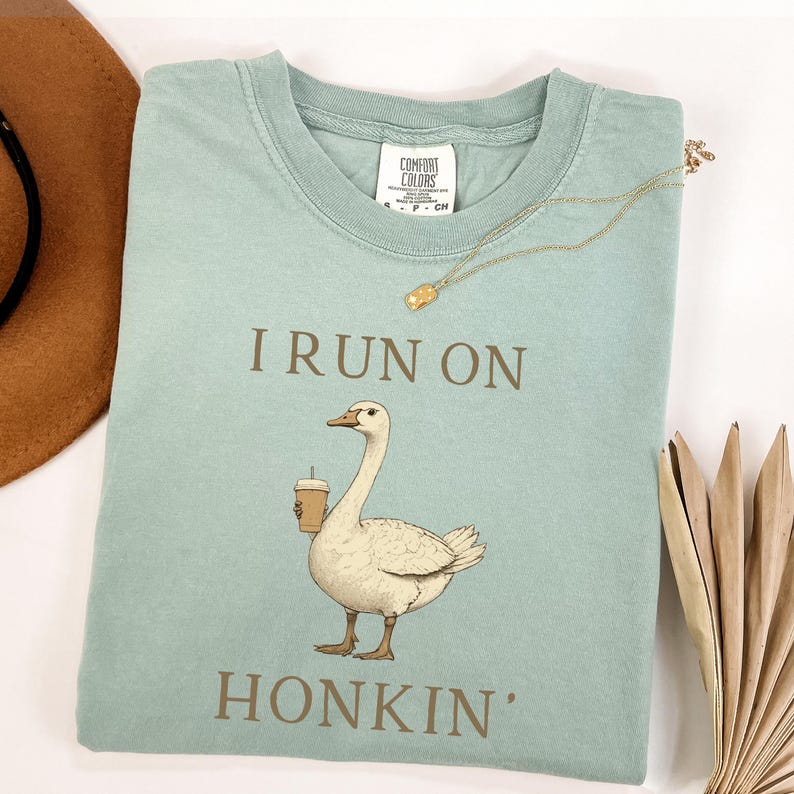 May include: A light blue t-shirt with a cartoon goose holding a coffee cup and the text "I run on honkin'" printed on it.