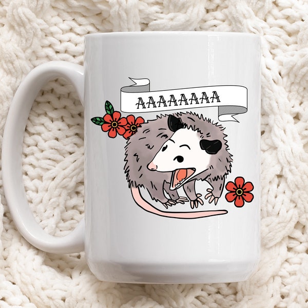 Funny Opossum Mug, Screaming Possum Mug, Cute Possum Mug, Funny Gift for Best Friend, Animal Lover Gift, Possum with Flowers, Birthday Mug